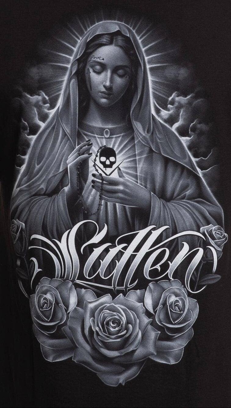 Sullen Art Devine T-Shirt Black Mens L Virgin Mary Skull Roses Chicano NWT